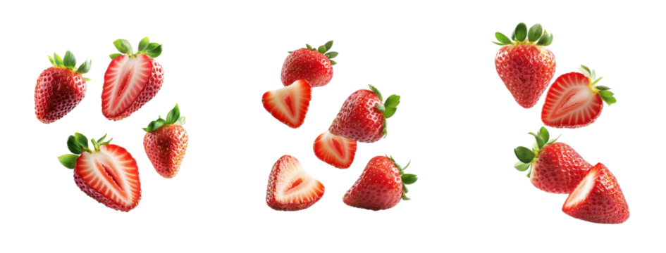 Set of strawberries slice and floating in the air isolated on white background