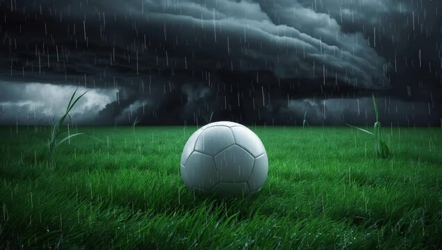 Soccer ball on grass field under dark stormy raining sky.