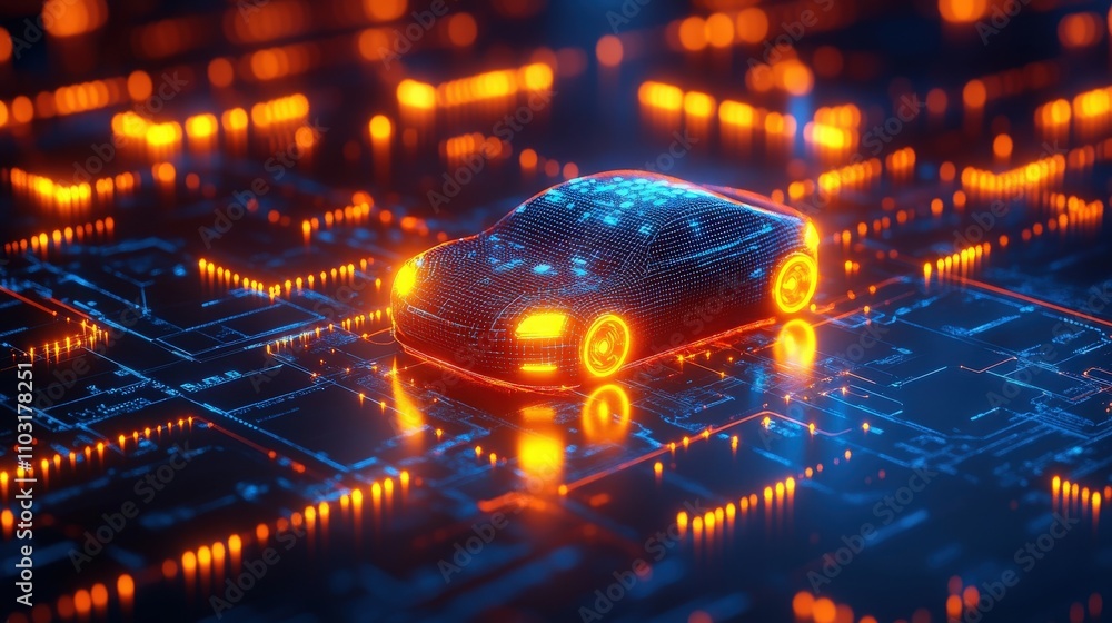 Aufkleber futuristic concept of an autonomous vehicle on a digital circuit board with bright neon lights and g