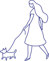 Woman walking with dog silhouette. Stylized vector line person isolated. Human body