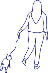 Woman walking with dog silhouette. Stylized vector line person isolated. Human body