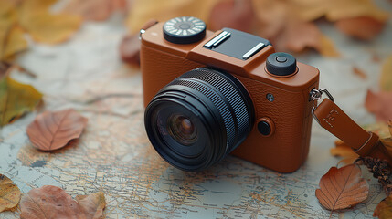 Autumnal Photography: A vintage-inspired camera rests on a bed of fallen leaves, its rich brown leather strap and weathered metal accents hinting at stories captured and memories made.