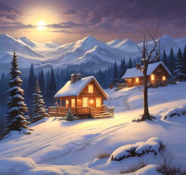 Illustration of winter landscape with decorative glowing home.