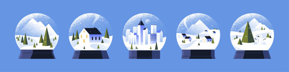 Set of snow globes with winter landscapes inside. Christmas glass balls with city, country buildings, trees, mountains. Xmas bauble, holiday interior decoration. Flat isolated vector illustrations