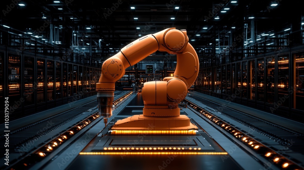Poster industrial robotic arm in modern automated factory setting with advanced technology and futuristic l