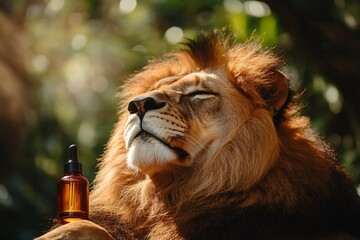 Majestic lion enjoys sunlight with closed eyes, an essential oil bottle resting on its paw,...