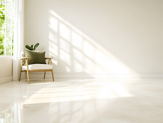 minimalistic scene featuring wooden chair with cushion, potted plant, and sunlight casting shadows on polished floor. serene atmosphere invites relaxation and calmness