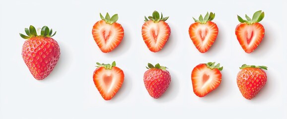 Whole and halved strawberries on white background.