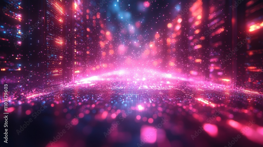 Poster vibrant abstract digital background with glowing particles and light trails in a futuristic space fo