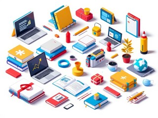 Obraz premium Isometric school icons, quarantine-themed, fashion photography.