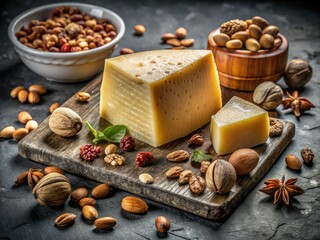 Fototapeta premium Close-Up of Hard Cheese Manchego with Nuts on Grey Stone Background for Architectural Photography Enthusiasts