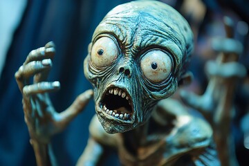 Close up of a scary alien toy expressing fear and terror, creating a spooky and unsettling atmosphere