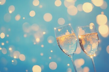 New year and Christmas champagne coast celebration blue and golden glittering on abstract background and  defocused Bokeh Lights with large blank space for text illustration.