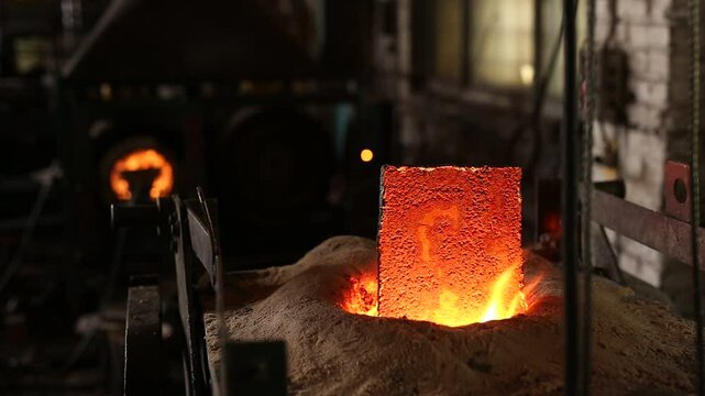 Ferrous metal billet is melted in an induction furnace closeup
