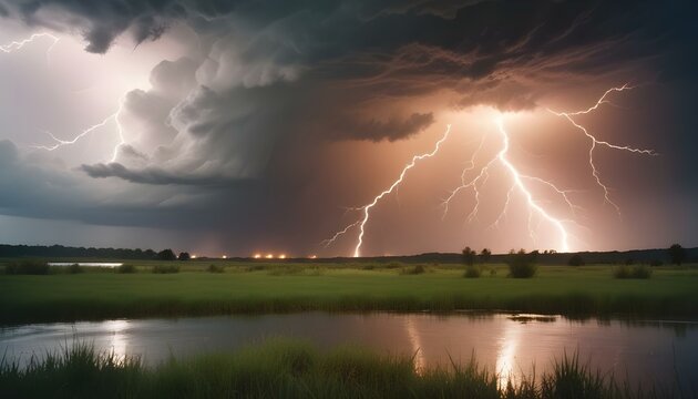 Una tormenta dram&aacute;tica con nubes oscuras, fuertes lluvias y potentes rel&aacute;mpagos caen sobre un campo de hierba cerca de una masa de agua