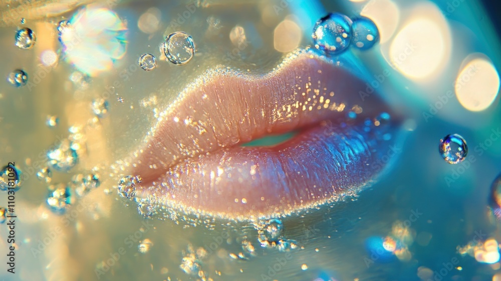 Poster a close-up of lips submerged in water with bubbles, creating a dreamy, ethereal effect.