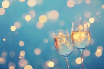 New year and Christmas champagne coast celebration blue and golden glittering on abstract background and  defocused Bokeh Lights with large blank space for text illustration.