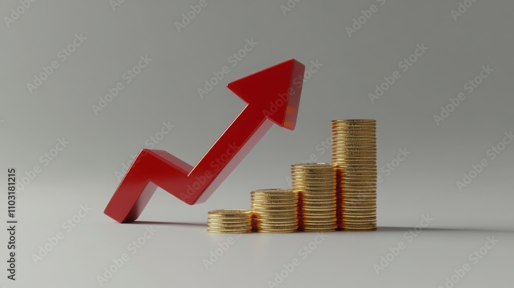 Poster 3d icon of a growing red arrow with gold coins and a stack on a light grey background