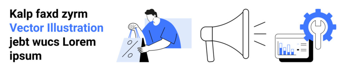 Worker using a machine, megaphone icon for announcements, chart with wrench signifies data analytics, support, and maintenance. Ideal for business presentations, marketing, tech reports, user