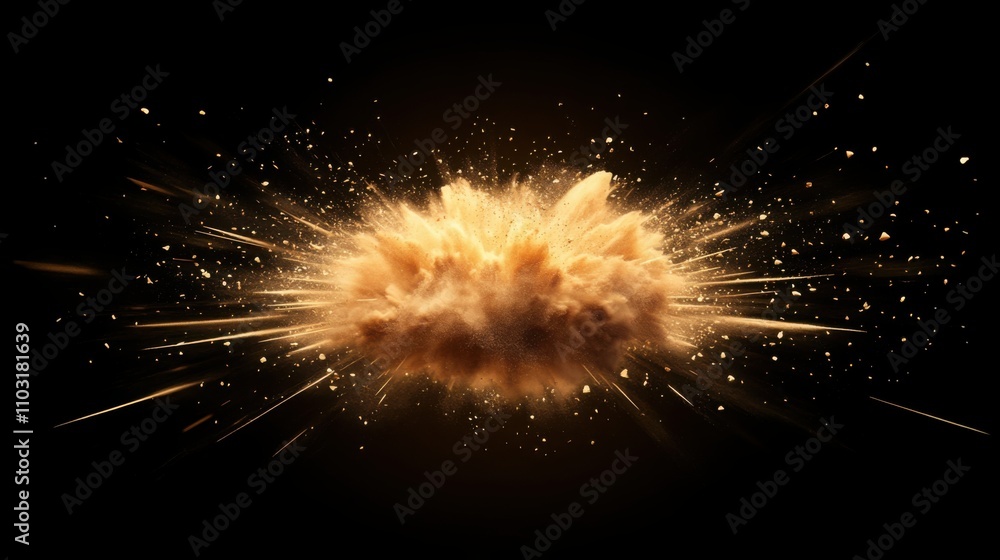 Poster a dynamic explosion of sand particles in warm golden tones, isolated on a dark gradient background