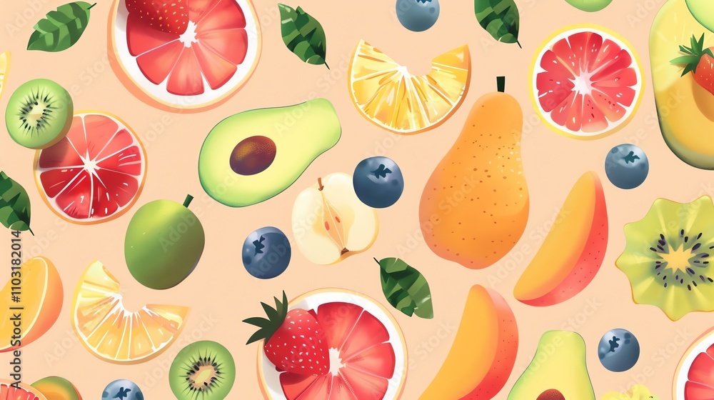 Poster a colorful pattern of sliced fruit on a light peach background.