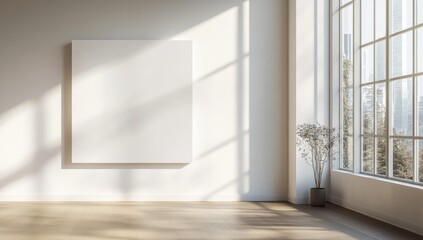 Minimalist empty room interior with large window, wooden floor, white walls, and a blank canvas for mockup.