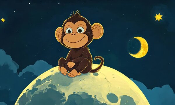 Cartoon monkey moon and stars sleep cute animal