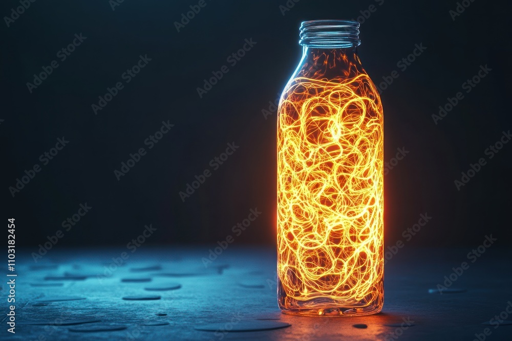 Poster a glowing bottle filled with swirling light, creating a captivating visual effect.
