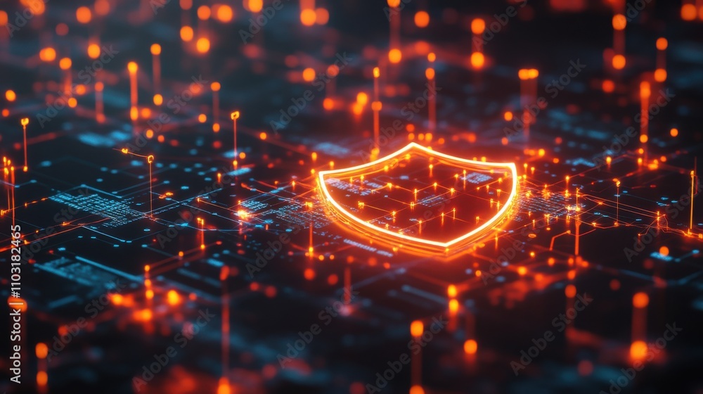Poster abstract digital shield symbolizing cybersecurity in network space