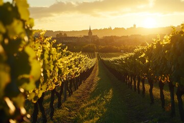 Fototapeta premium Golden sunlight shines over a beautiful vineyard landscape. The vines stretch far and wide, inviting visitors for a serene wine-tasting experience. Generative AI