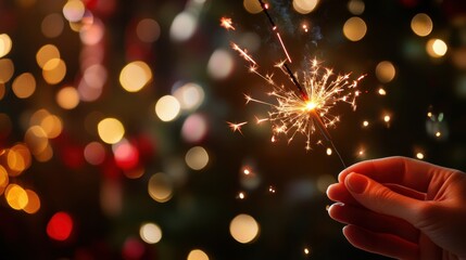 Close-up of hand holding sparkler with bokeh Christmas lights in dark background