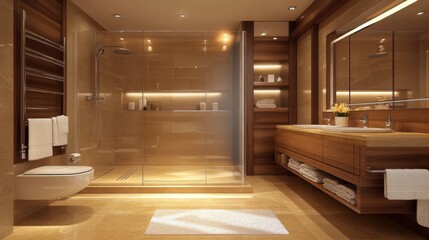Fototapeta premium Modern Elegant Bathroom with Shower and Wooden Accents Design