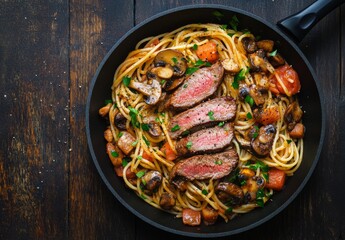 Close-up of spaghetti with grilled steak, mushrooms and tomatoes in a black pan on a wooden background.