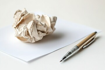 Crumpled paper ball near pen on clean sheet