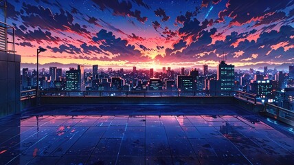 A romantic rooftop view at night, with violet and pink lights from the city in anime style