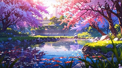 A tranquil anime garden with violet and pink cherry blossoms and a calm pond beneath the setting sun's soft glow.