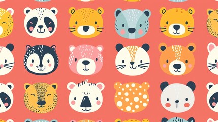 Fototapeta premium A seamless pattern of cute animal faces on a red background.