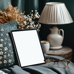 Happy table setting with decorations, a table lamp, and a book