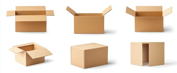 Six brown cardboard boxes in various configurations isolated on white background.