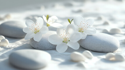 Serenity of White Blossoms on Pristine Stone Ground - A Tranquil Contrast of Nature's Purity