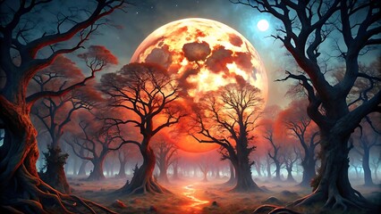 Abstract landscape artwork features a glowing red moon behind a shadowy forest