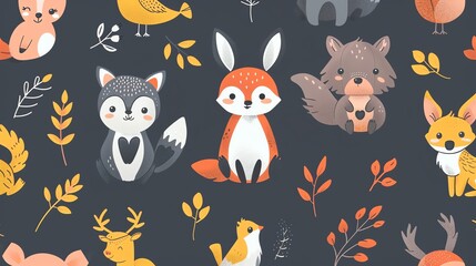 Fototapeta premium A seamless pattern of cute woodland animals on a dark blue background.