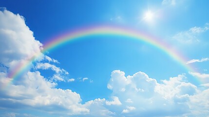 Vivid rainbow arching gracefully across a clear blue sky on a sunny day, showcasing a stunning natural phenomenon with vibrant colors and a serene atmospheric backdrop