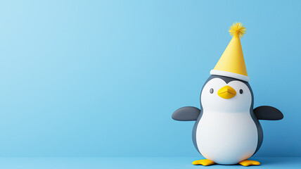 Obraz premium Penguin wearing festive party hat on blue background