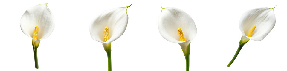 Elegant White Calla Lily Flowers with Soft Petals on Clean White Background