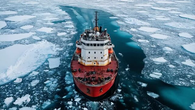 aerial view of big modern icebreaker ship in the ocean with ice floes