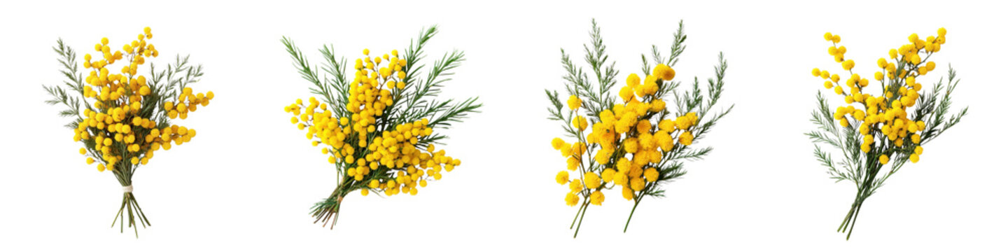 Blooming Mimosa Bouquets with Green Foliage on White Background