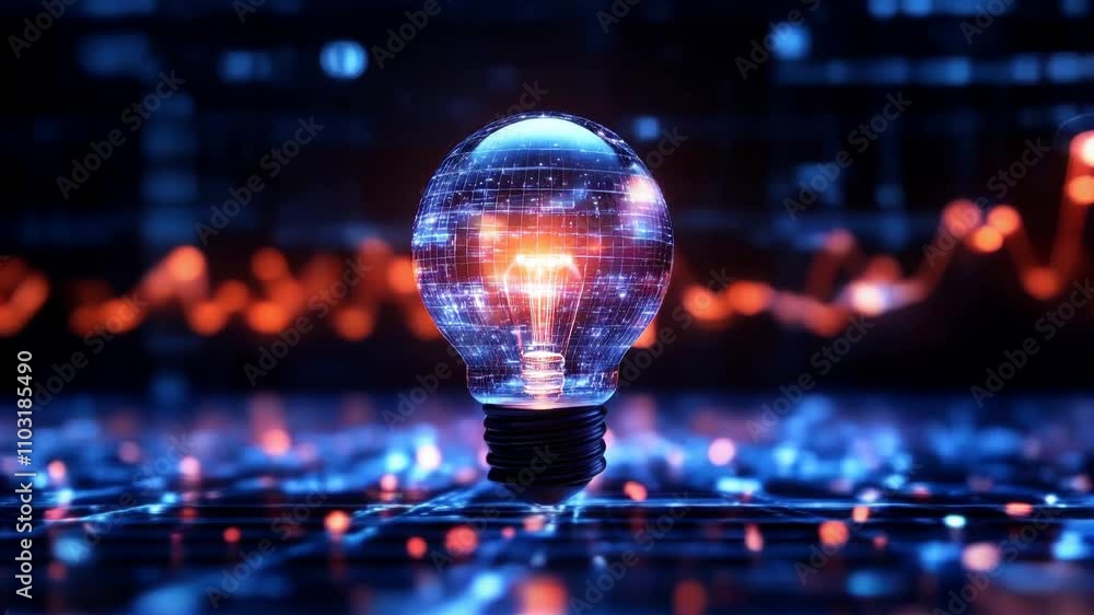 Poster futuristic lightbulb glowing with digital data patterns and vibrant energy, symbolizing ideas in mod