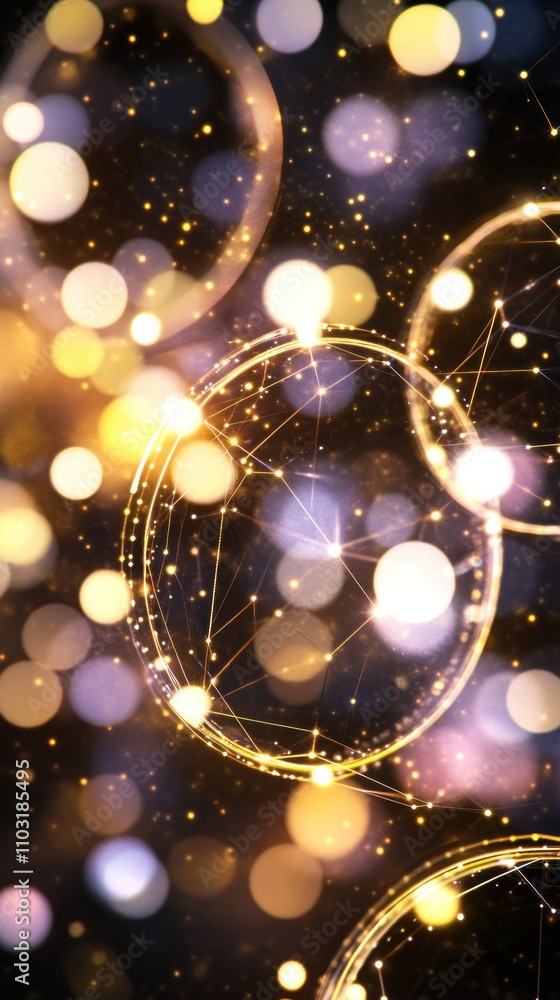 Poster abstract design featuring luminous circles and glowing particles against a dark background.