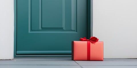 A red box with a red bow sits on the ground in front of a blue door. The box is wrapped in red paper and has a red ribbon tied around it